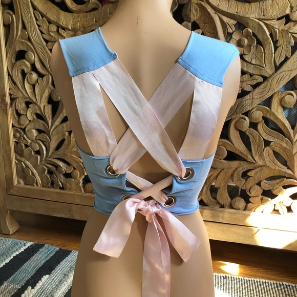 illustrated people Tops - Blue stretch crop top w/open back bow lace up back
